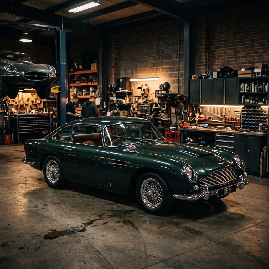 Restored classic car in workshop